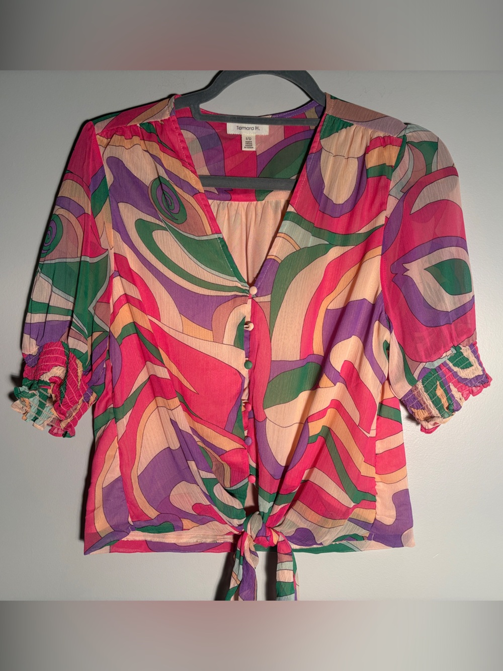 Tamara K. Multicolor Abstract Tie-Front Short Sleeve Top - Pink/Green/Purple